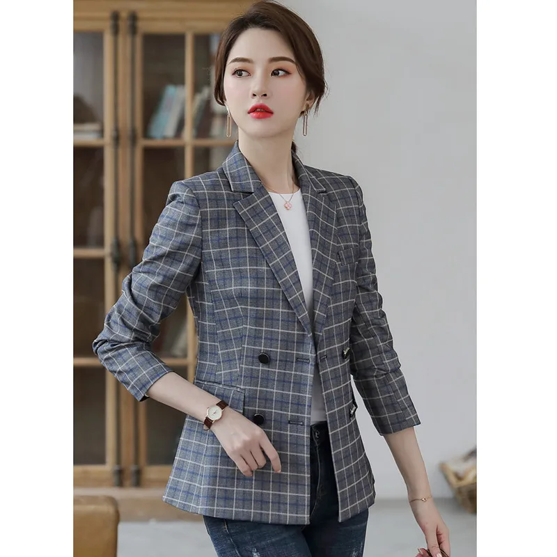 Женский клетчатый пиджак Осенний офисный винтажный с длинным рукавом деловой