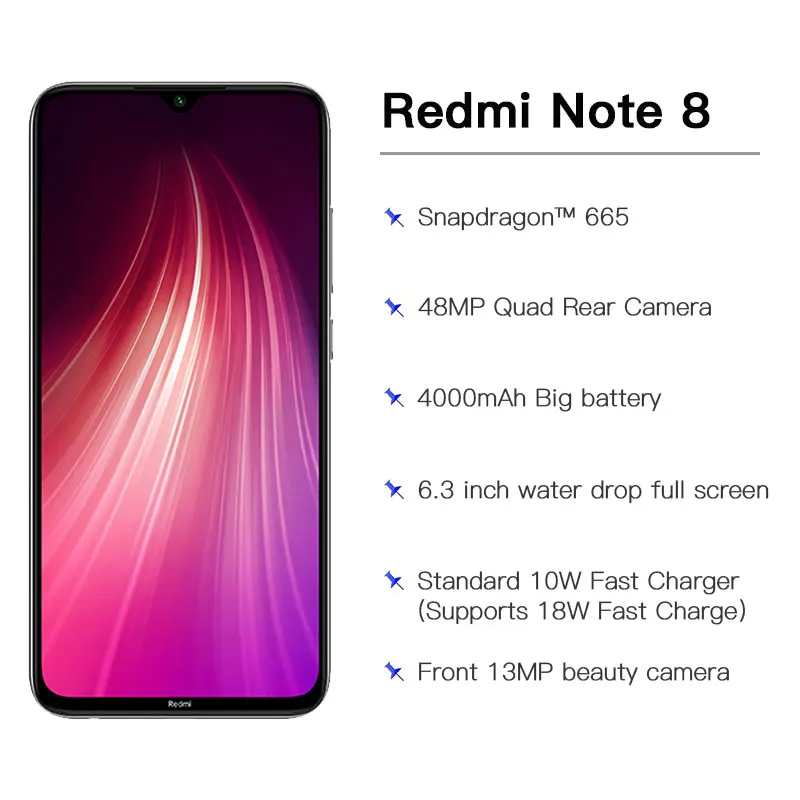 Xiaomi Redmi Note 8 с глобальной прошивкой, 4 ГБ, 64 ГБ, восьмиядерный смартфон Snapdragon 665, 6,3 дюйма, 48мп, четырехъярусная камера заднего вида, поддерживает зарядное устройство 18 Вт