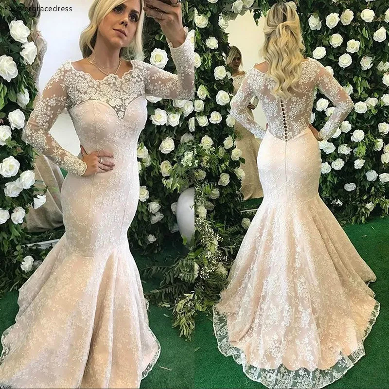 

Mermaid Lace Wedding Dress Vintage Illusion Long Sleeves Bridal Gown Plus Size Custom Made