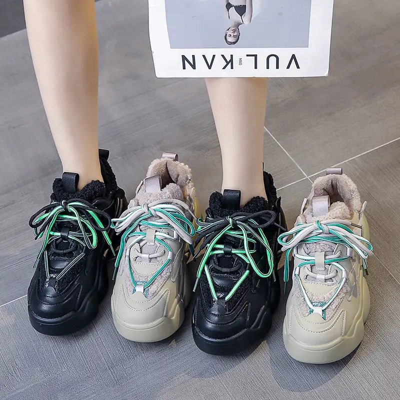Женские меховые кроссовки плоская подошва толстая женская спортивная обувь