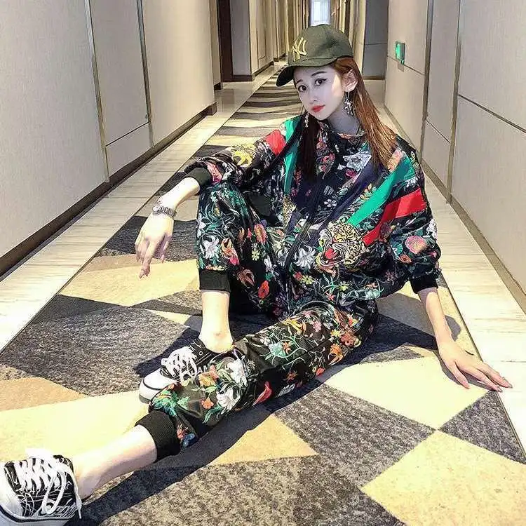 

European Station 2021 Autumn New Online Influencer Pop Ins Fashion Casual Set Printed Two-Piece Suit College Fashion