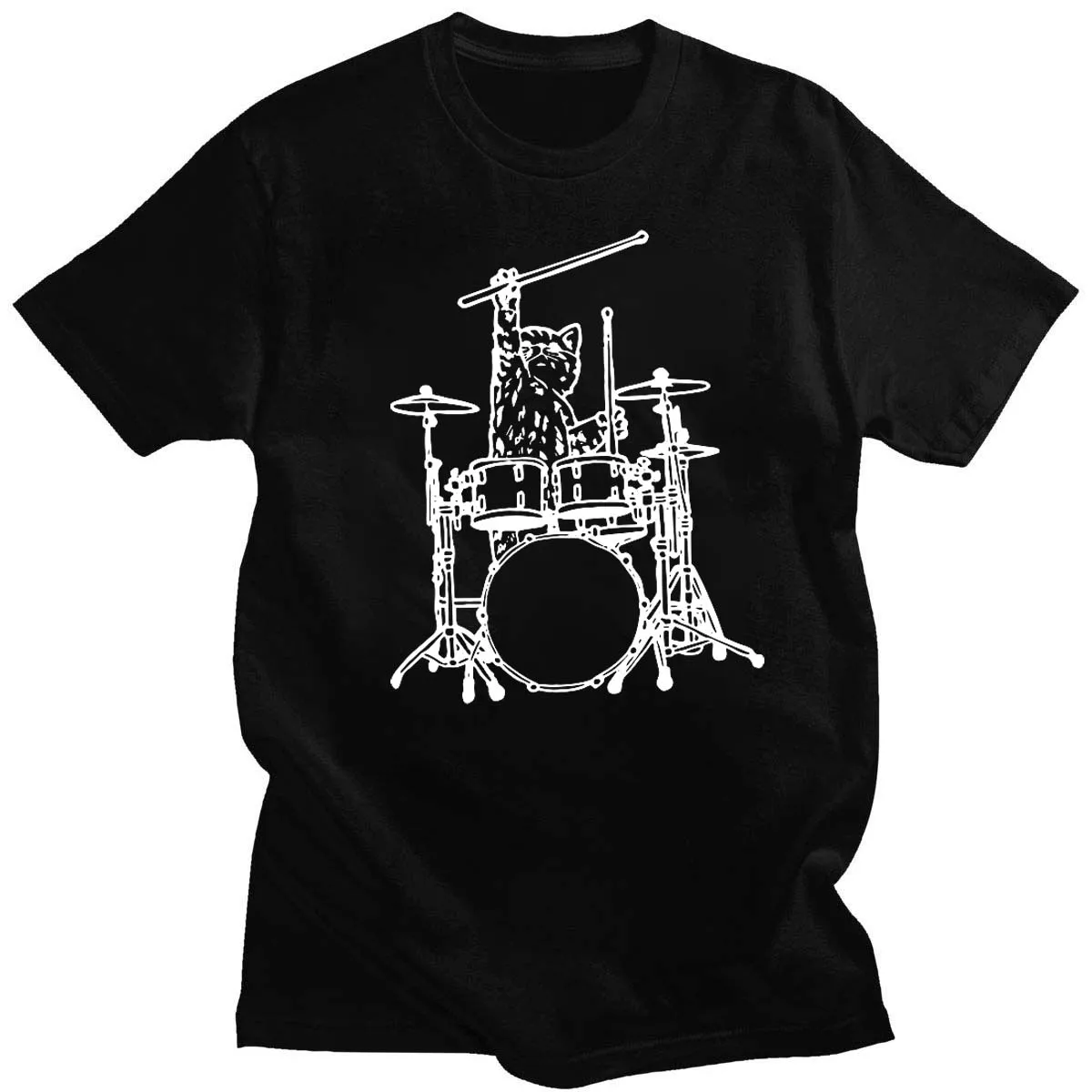 

2021 New Style Drum Kit Meow Print T-Shirt Neutral Round Neck Hip-Hop Short Sleeve Harajuku Funny Top