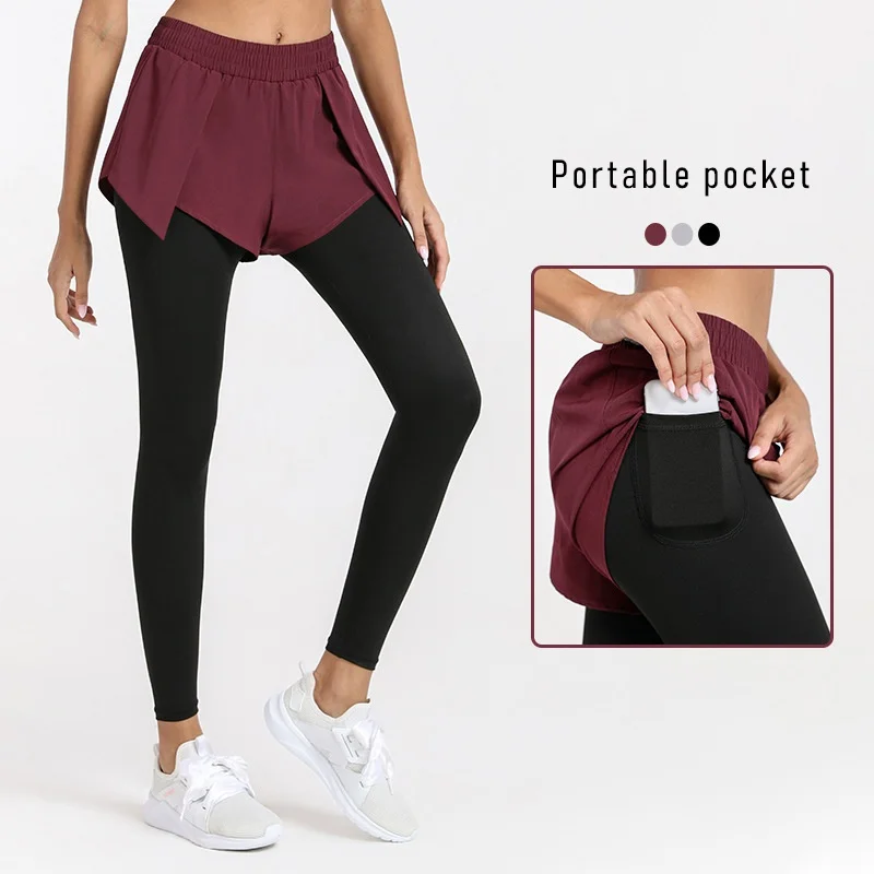 

Fake Two-Piece Yoga Pants Stretch Tights And Thin Feet Leggings Running Training Sports Fitness Pants Women