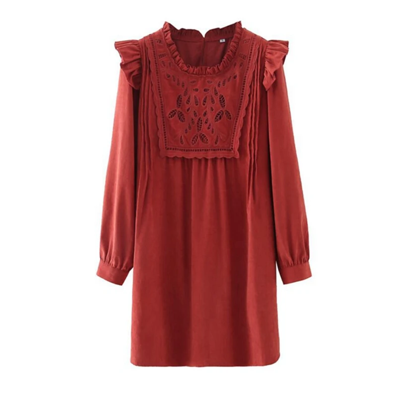 

Женское свободное мини-платье с вышивкой, однотонное шикарное платье с круглым вырезом и длинным рукавом в стиле ретро, весна-лето 2021