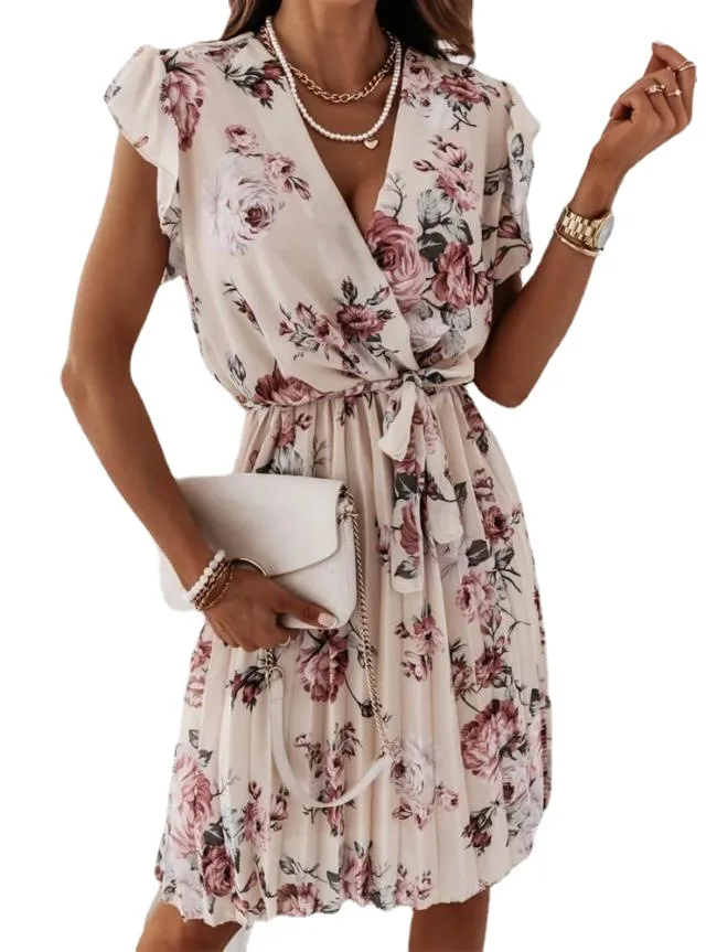 

European and American fashion casual summer women's mid-skirt lace-up waist floral pleated dress women 2021