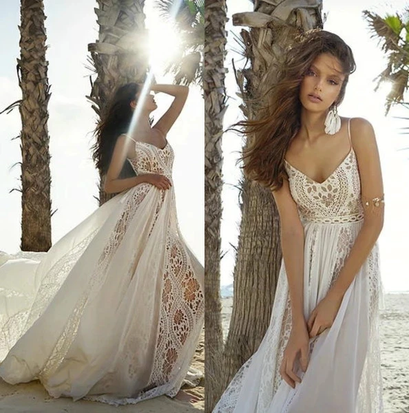 

Beach Wedding Dresses 2021 Lace and Chiffon Summer Spaghetti Straps Backless Bohemia Bridal Gown abiti da sposa