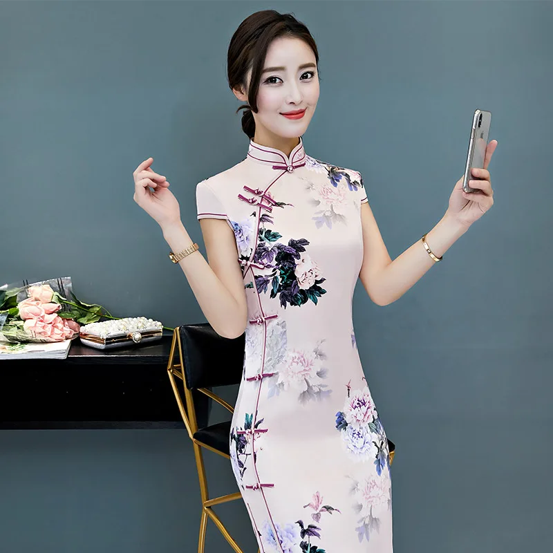 Женское шелковое Платье Ципао длинное вечернее в китайском ретро стиле весна