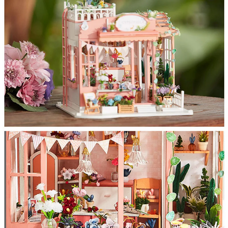 

New DIY Gypsophila Flower Room Wooden Dollhouse Miniature Furniture With 3D Toys for Kids Christmas Birthday Gifts