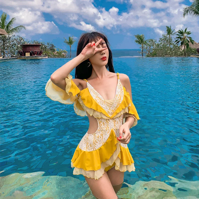 Купальник женский цельный боди 2020 желтый купальник кружевной сексуальный V