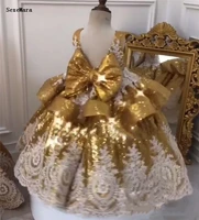 gold sequins baby girls first birthday dress lace applique bow kds clothes for party prom pageant dress