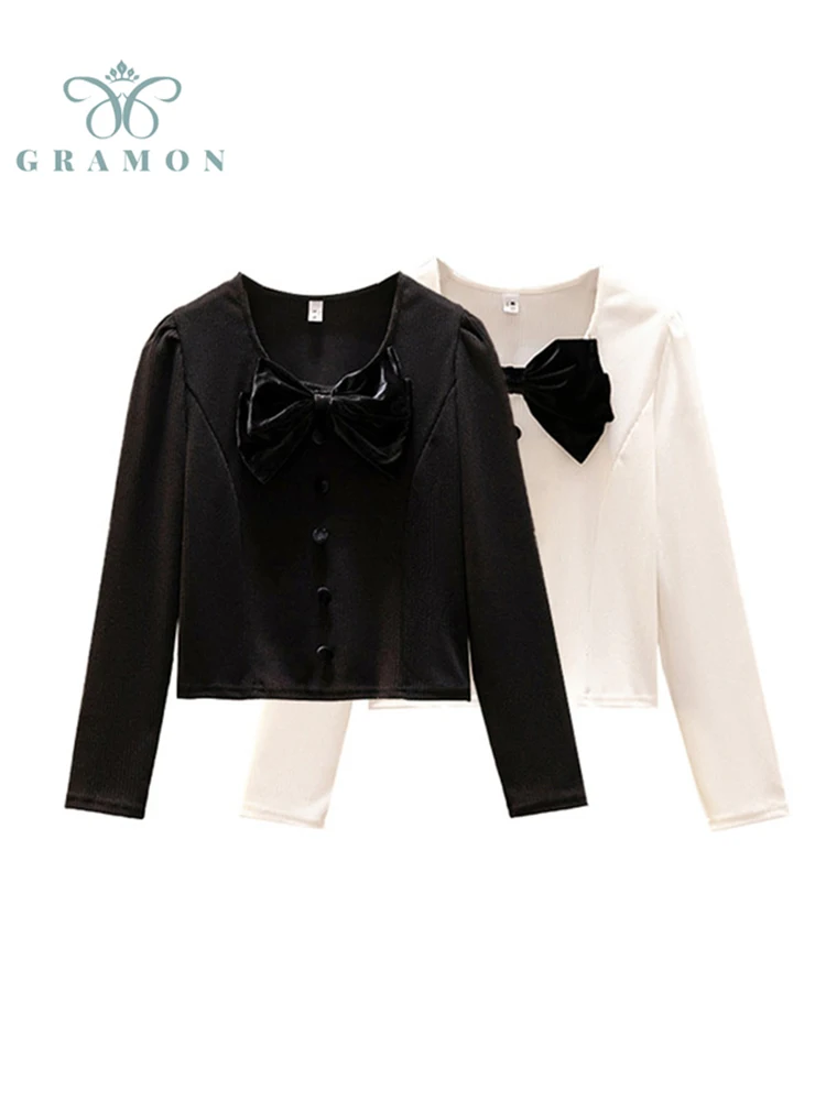 

Bow Blouse V-neck Vintage Women Long Sleeve Shirt Solid Color Single Breasted Spring Fashion Sweet Shirt Blusas Women Plus Size