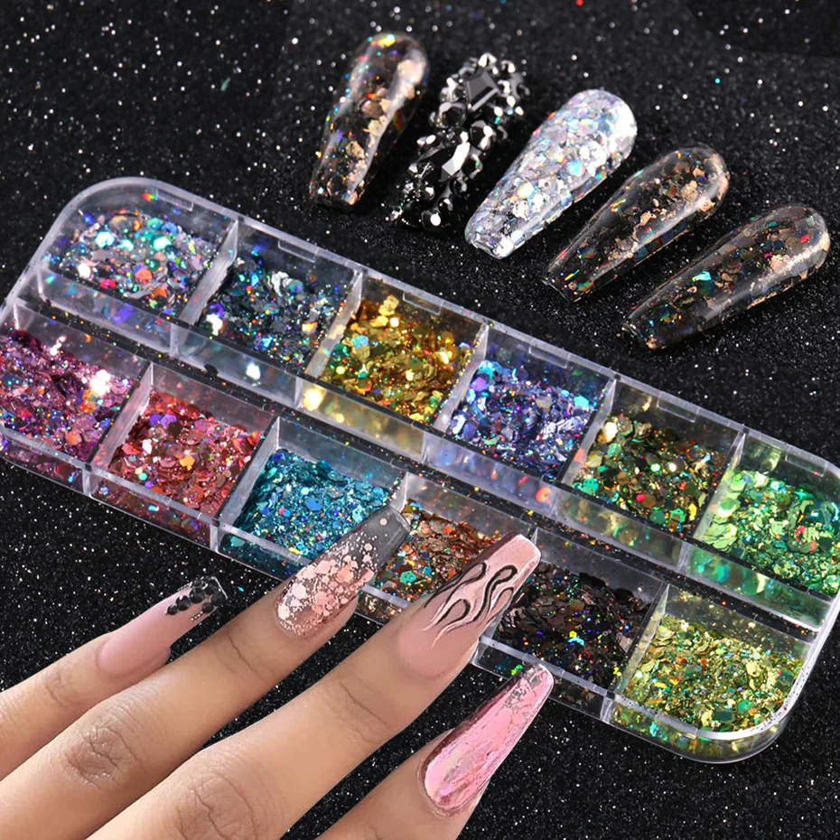 

Holographic Nail Glitter Flakes Sequin 12pcs in 1 Rose Gold Silver DIY Butterfly Dipping Powder for Acrylic Nails Tools