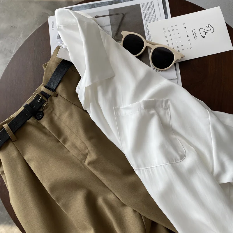 

Casual High Wasit Work Suit Pants Women Casual Ankle Length Pants With Leather Belt New Loose Women Trousers CRRIFLZ