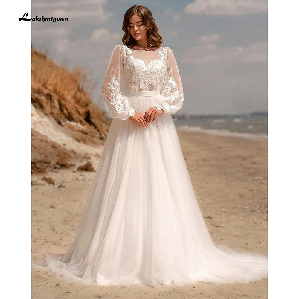 

Шикарное свадебное платье-трапеция 2022, свадебное платье с длинным пышным рукавом, а-силуэт, прозрачные платья невесты с глубоким вырезом, кр...