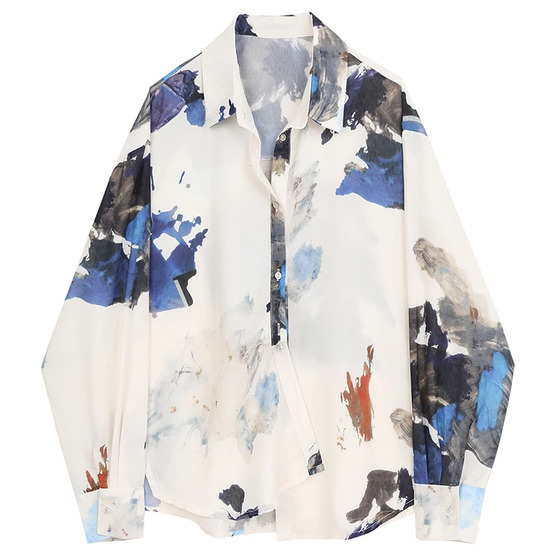 

ZCSMLL floral shirt female design sense ink printing long-sleeved loose French blouse 2021 spring shirt trend 2021 spring summer