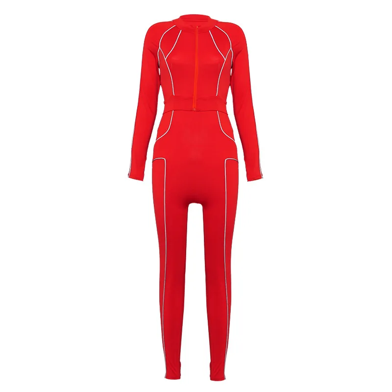 

Shestyle Reflective Red Sportwear Workout Jumpsuits Women Striped Bodycon Spaghetti Strap Jumpsuit Coat 2 Piece Sets Tracksuits