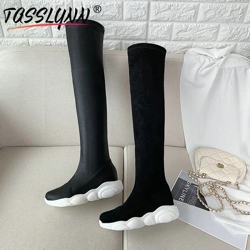 

TASSLYNN 2019 PU Casual Over The Knee Boots Fashion Sock Shoes Women Sneakers Round Toe Zip Women Boots Winter Platform Boots