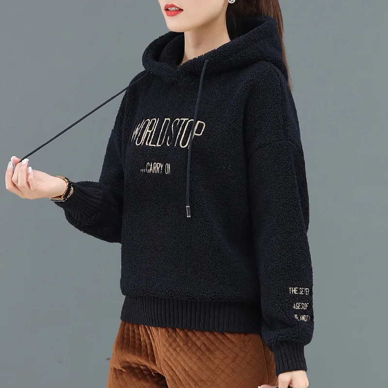 

Sudadera Oversize Hoodies for Teen Girls Imitation Lamb Wool Sweatershirt Letter Print Winter Plus Velvet Thicken Kobieta Kurtka