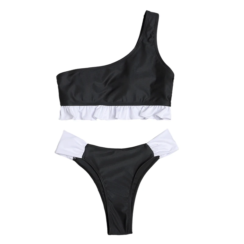

2021 Fashion Trend 2 Pcs Women Sexy Bathing Suits Adults Color Block One Shoulder Ruffle Padded Bikini Tops Swimming Bottoms