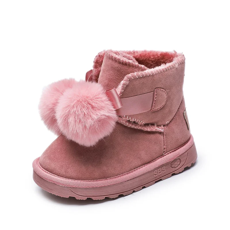 Pink Зимние ботинки для девушки; детская обувь; детские ботинки с плюшевой подкладкой; теплые Нескользящие ботильоны из флока; модные зимние детские сапоги - Цвет: Pink