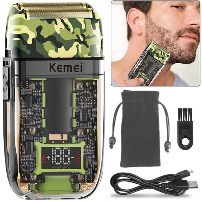 Beard Stubble Razor Bald Shaving Machine Powerful Transparent Camouflage Green Body Trimmer Km-tx7