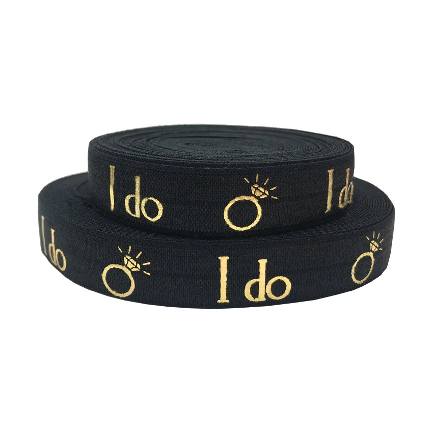 10 ярдов Золотая фольга I DO CREW Print Fold Over Elastic Черный Розовый Свадебный FOE лента