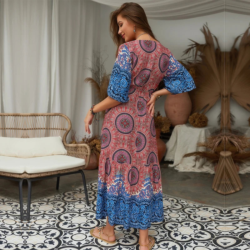 

Bohemian Half Sleeve Long Print Dress Women Sexy Deep V Neck High Waist New Casual Summer Beach Dress Female