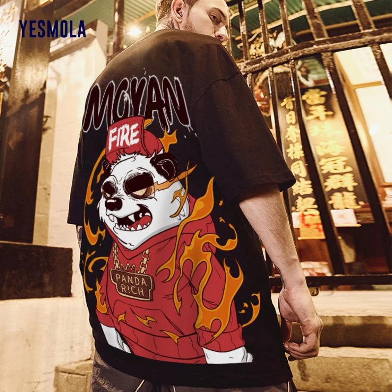 

YESMOLA Hip Hop Tees Shirt Panda Print Men's Short-sleeved Tide Brand Loose Summer Popular Printing out of the Street Back