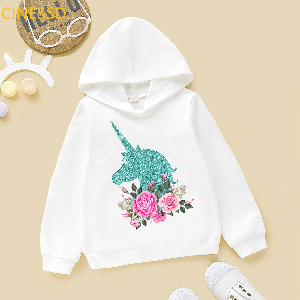 

Lovely Floral Glitter Unicorn Print Baby Girls Cap Sweatshirt Children's Clothes Top Autumn Winter Plus Velvet Fleece Pullovers