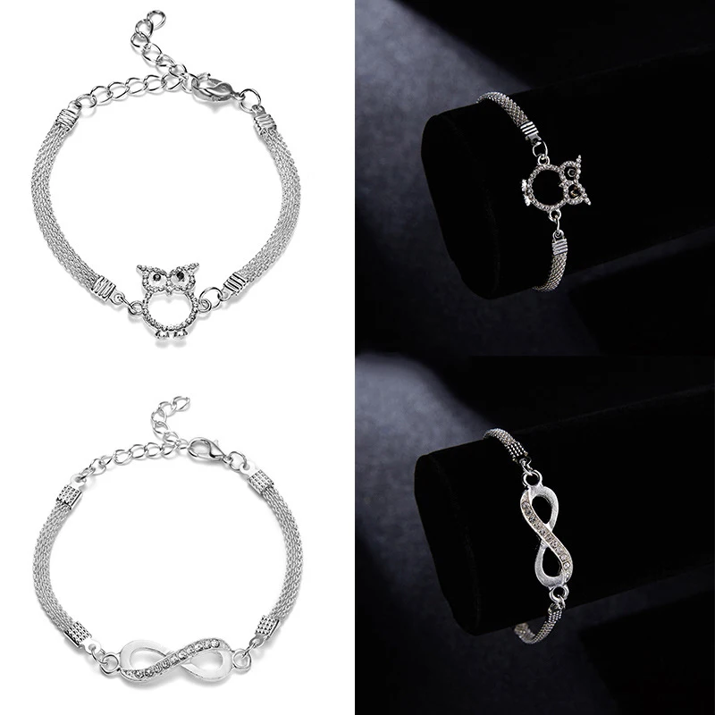 

Silver Color Heart Cross Owl Infinity Bracelets for Women Femme Fashion Crystal Rhinestone Link Chain Bracelet Jewelry Gift 2022