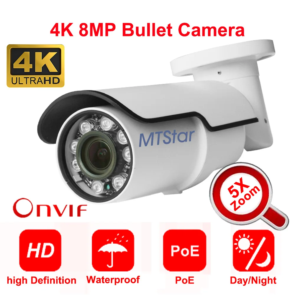 

MTStar 4K(8MP) IP Bullet Camera IR Night Vision Outdoor Waterproof P2P Onvif PoE Security Camera