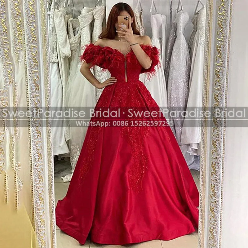 

Женское атласное платье с перьями, длинное блестящее платье-трапеция с открытыми плечами, блестками и бусинами, красного цвета, 16 цветов, на...