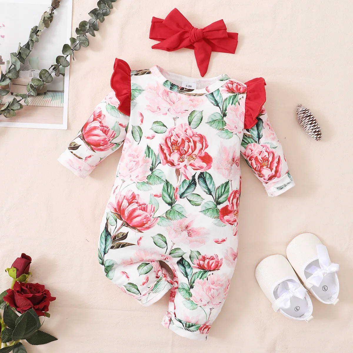 

Baby Girl Rompers Pretty Pink Floral Print Onesie For Newborn Long Sleeve Spring/Fall Outfits Infant Girls 2Pcs Jumpsuit Headbnd