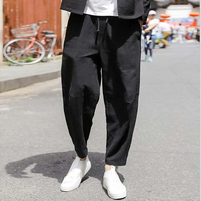 YUTU&MM overalls men's tide brand tie pants loose feet sports pants hip-hop casual pants slim black cotton 9 points pants
