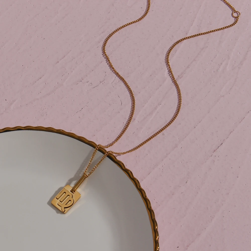 

Trendy Zodiac Square Pendent Thin Water Wave Chain Stainless Steel Gold Plated Tarnish Free Necklace Gifts Prensents For Women