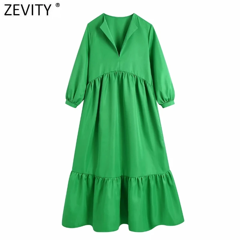 

Zevity New Women Fashion V Neck Pleat Ruffles Green Midi Dress Femme Three Quarter Sleeve Chic Casual Slim Kimono Vestido DS8677