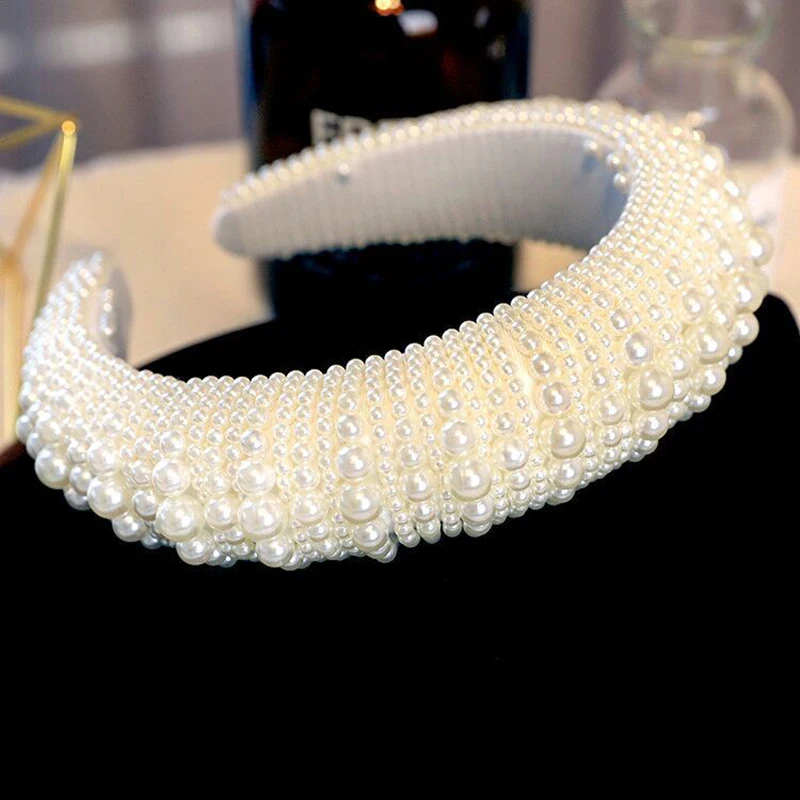 

White Beige Pearls Padded Headband for Women Girls Baroque Full Pearls Hairband Bridal Hair Hoop Hair Accessoires for Wedding