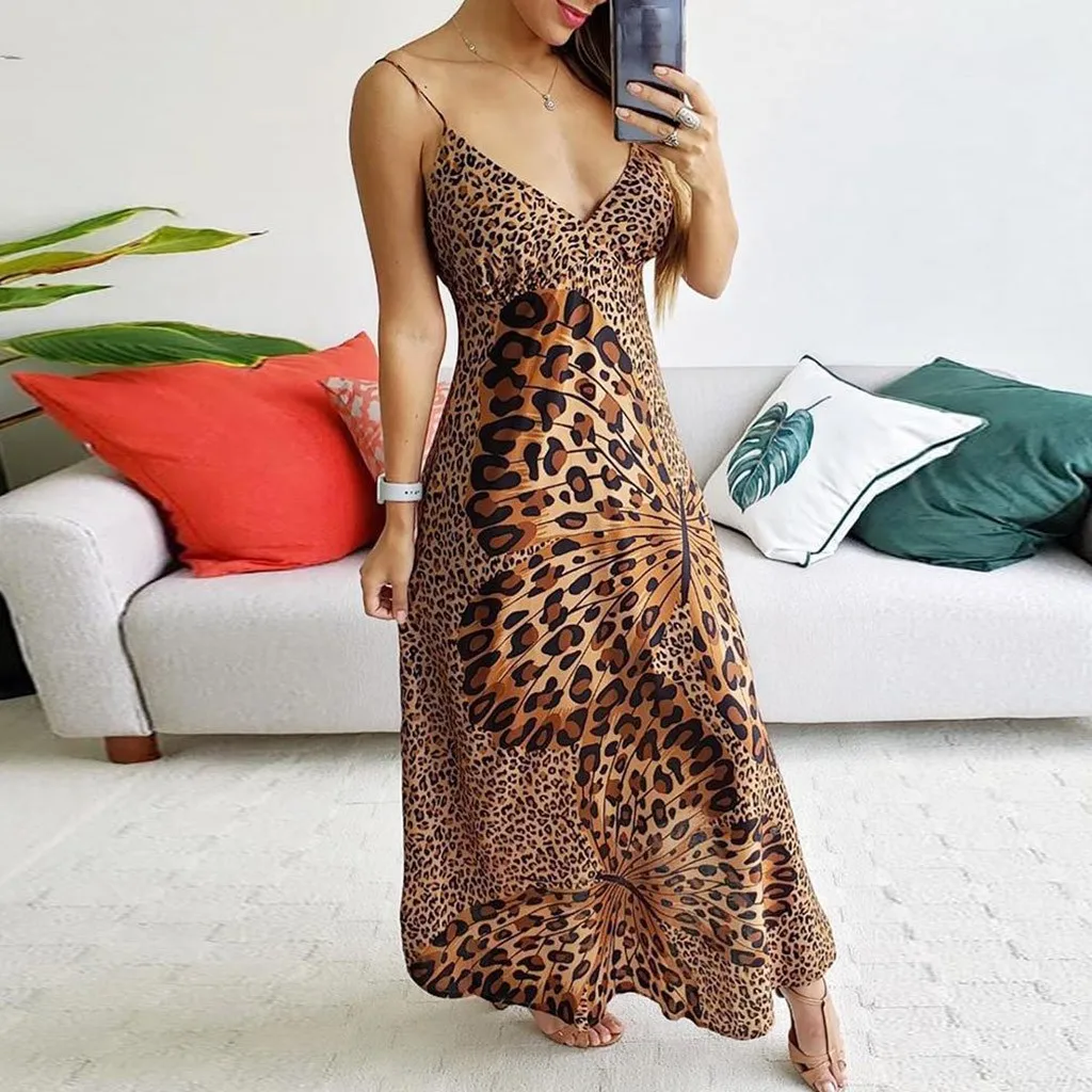 

Sexy Long Dress Women Deep V Leopard Butterfly Wrap Sling Sleeveless Nightclub Beach Long Dress Beach Casual Print Dresses