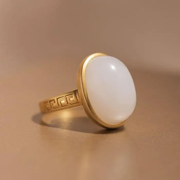 

Original Design Tiantian Ancient Gold Inlaid Natural Hetian Jue Suet S925 Ring for Women Tail Ring