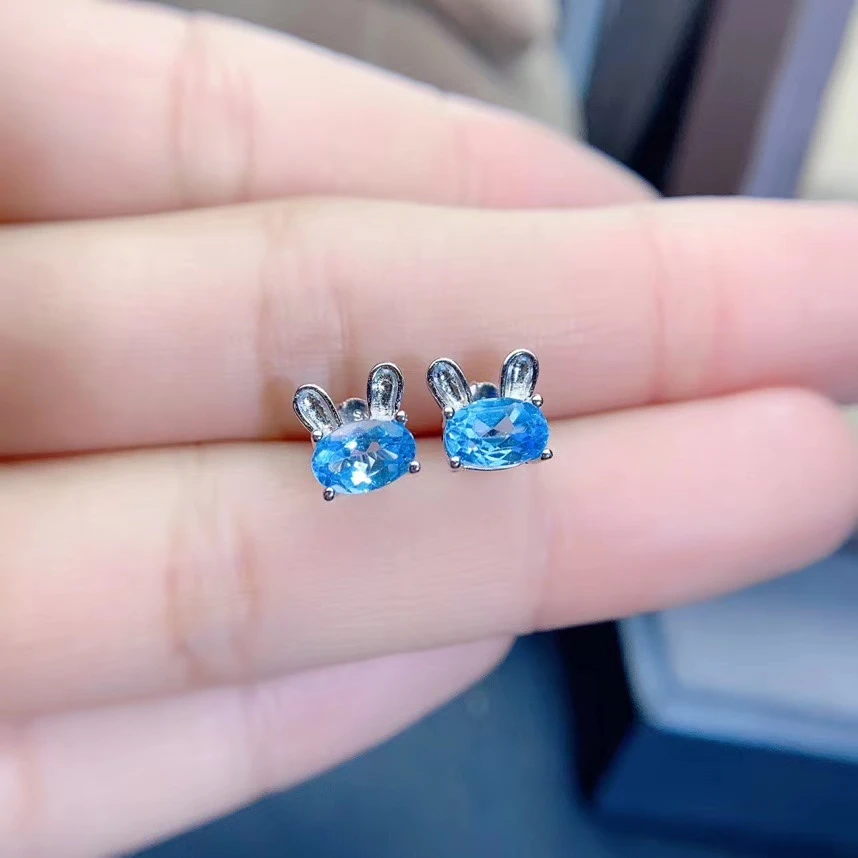 Женские серьги гвоздики с натуральным голубым топазом|Серьги-гвоздики| |