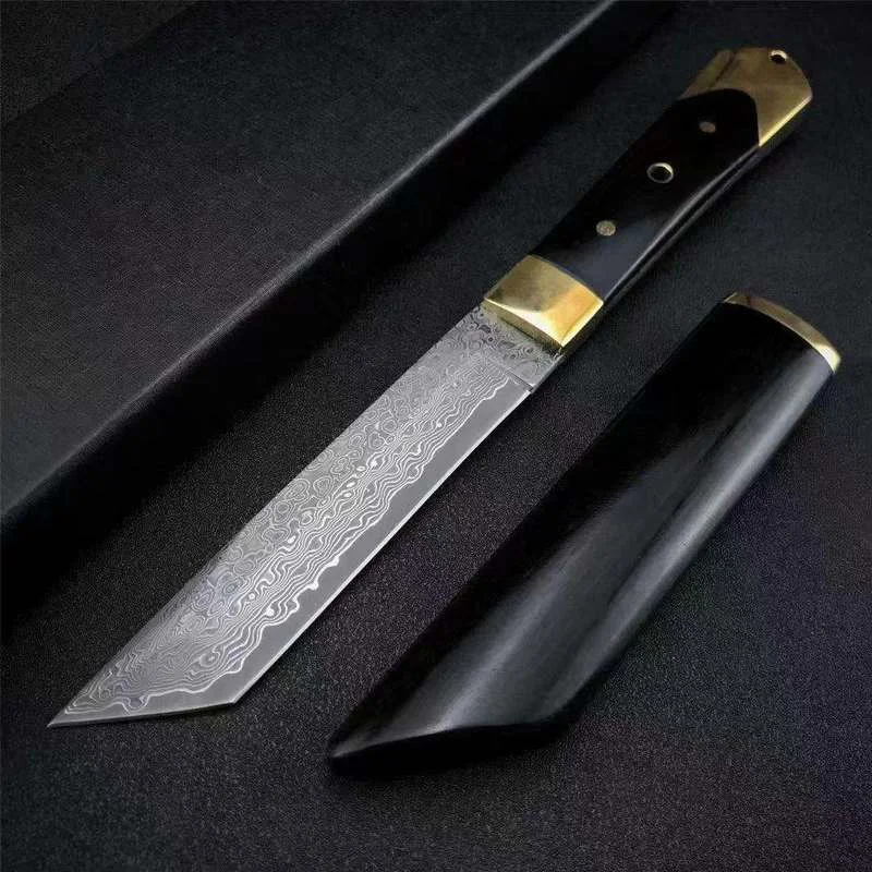 

Japanese Damascus Fixed Blade Knife Ebony Outdoor Camping Hunting Survival Pocket Utility EDC Tools Self Defense Gift Knifes