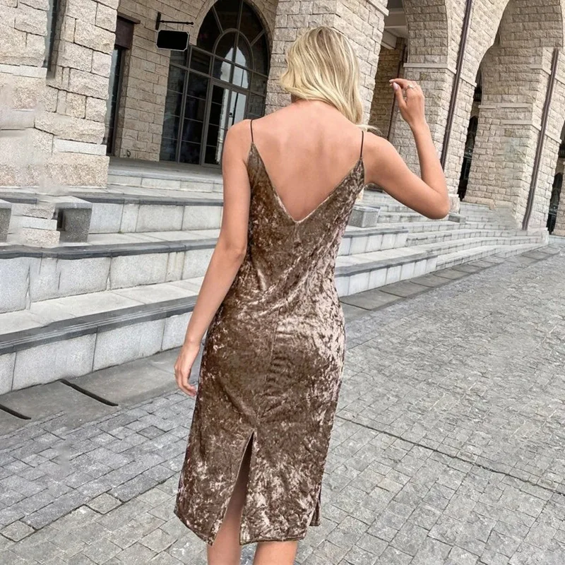 

Women Dress2021 Fashion Casual Street Shooting Sleeveless V-neck Bag Hip Split Suspender Skirt Female