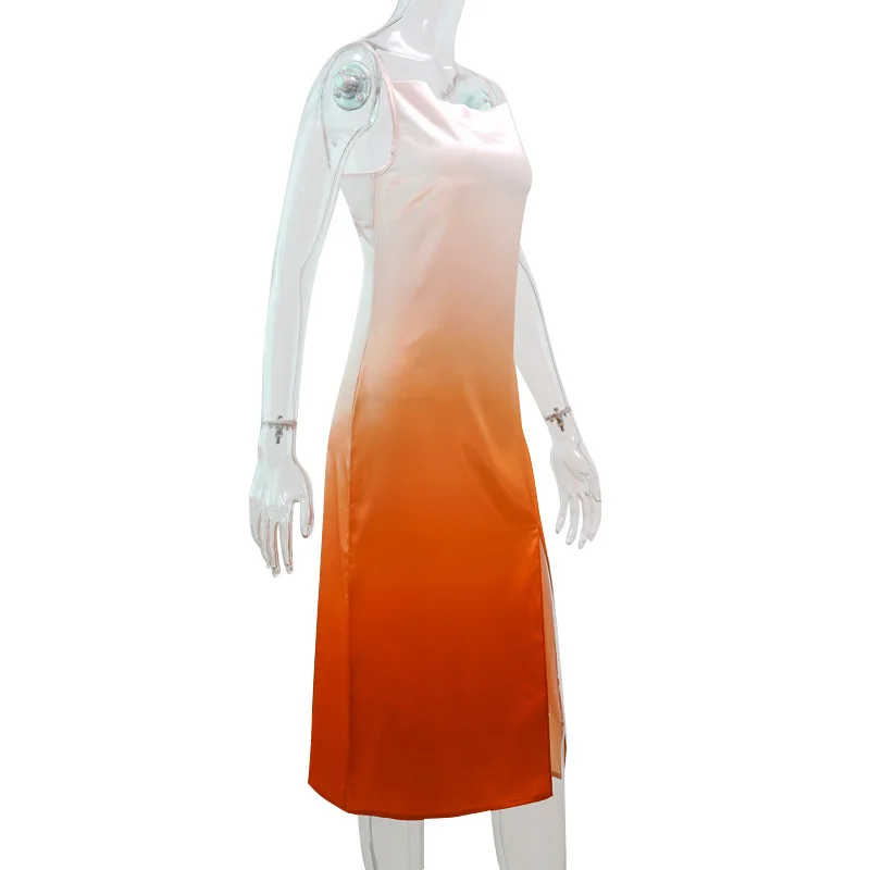 

split strap dress Fashion gradients dresses With zipper Mid-Calf length Summer casual dress Women's elegant clothing