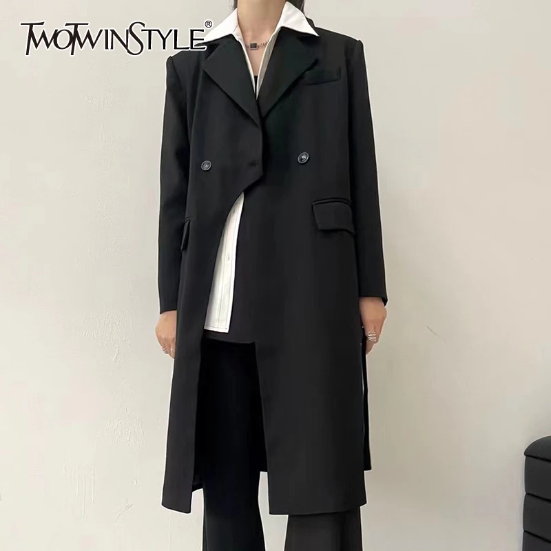 

TWOTWINSTYLE High Street Plain Notched Loose Long Sleeve Blends For Women Single Button Coats Female 2021 Winter Fashion Clothes
