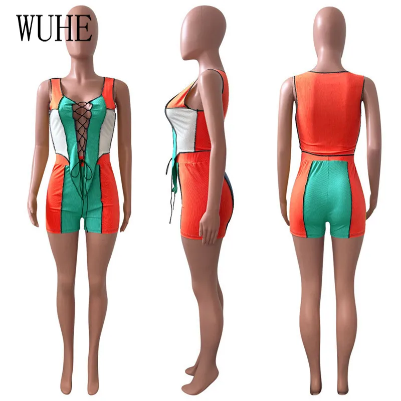 

YEYA Color Contrast Patchwork Outfits V Neck Sleeveless Strapless Cross Lace Up Bandage Crop Top and Short Pants Casual 2 Piece