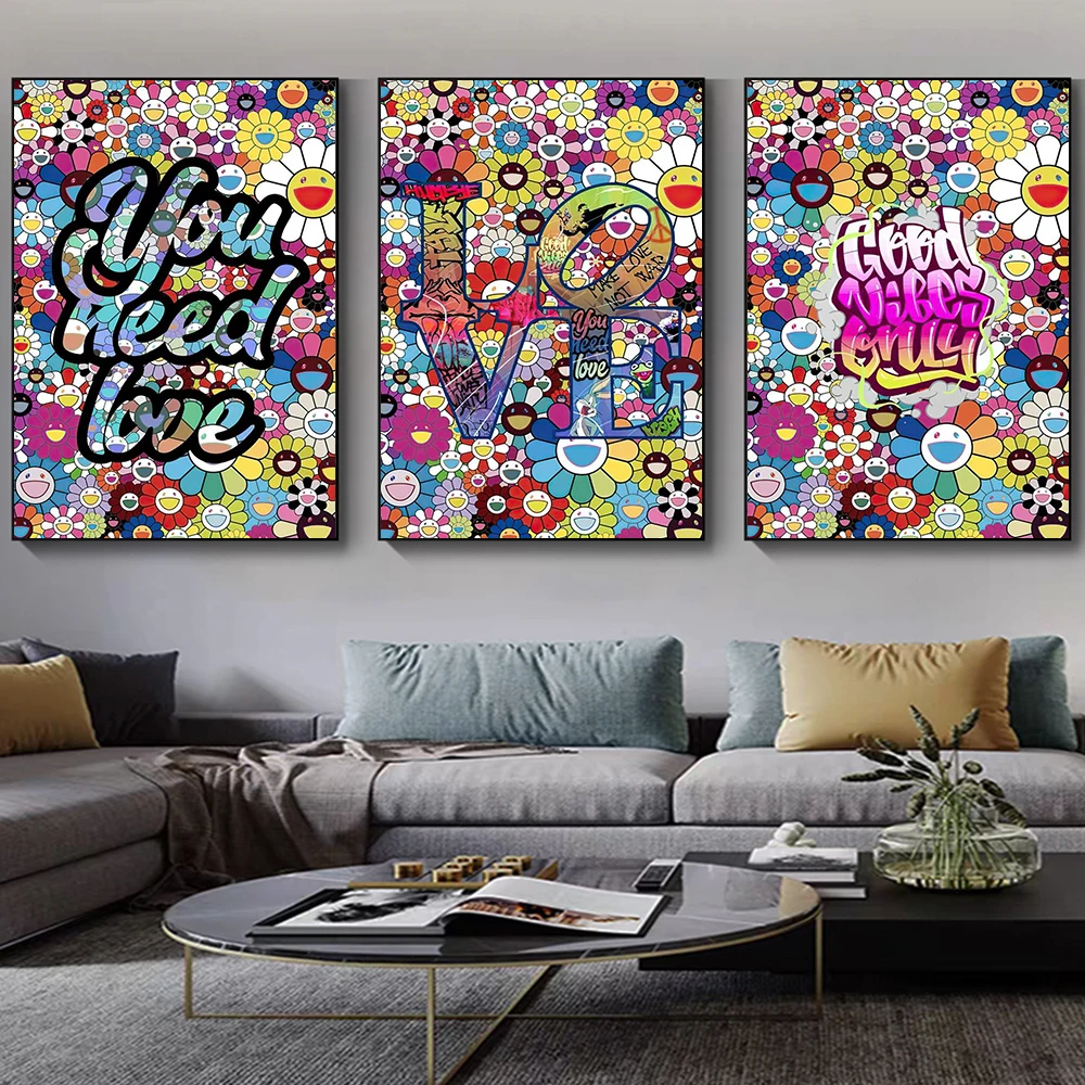 

Cartoon Cute Poster About Love With Colorful Sun Flowers Graffiti Wall Art Print Canvas Painting Cuadro Home Decor Living Room