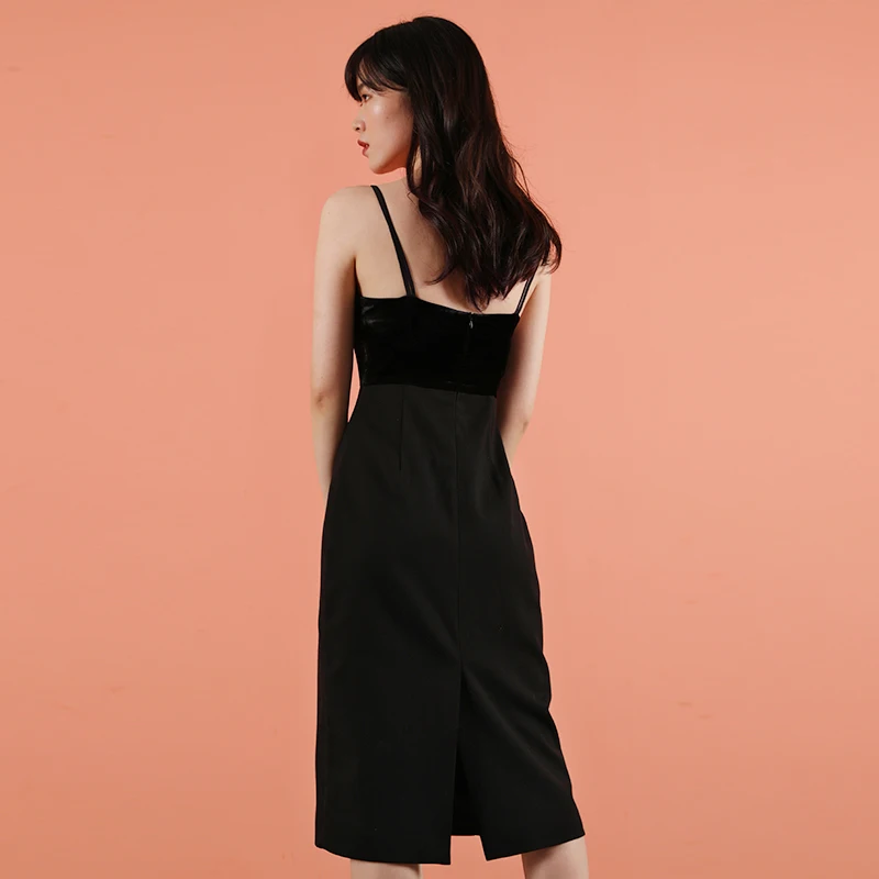 

2020 Spring Velvet dress straps patchwork black mini banquet dress