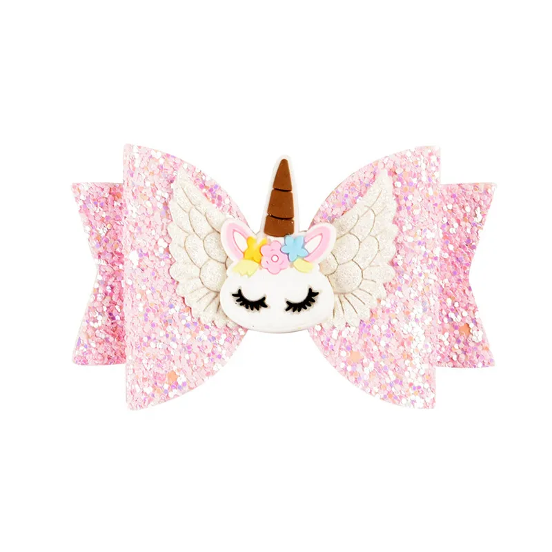 

8Pcs Lovely Baby Girls Bow Elk Unicorn Headclips Safety Bright Powder Hair Clips Pins Kids Headwear Photo Hair Accessories 9CM