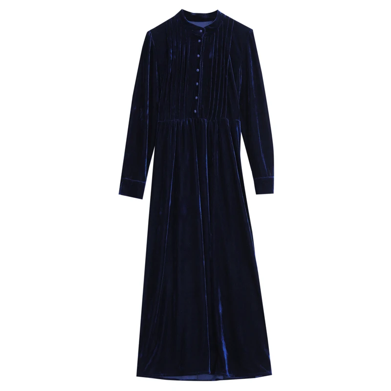

ICHOIX 2020 Winter Retro Style Women's Dress Blue Velvet Dress Long Sleeve High Waist A-Line Long Dress Female Plus Size Dress
