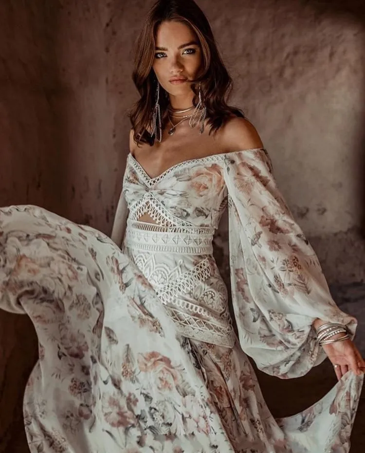 Шифоновое пляжное свадебное платье в стиле бохо с длинным рукавом фонариком и